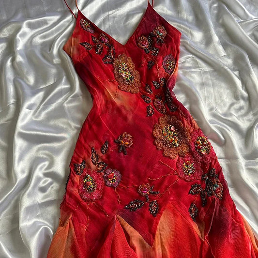🌺✨Red exquisite beaded elegant retro long chiffon prom dress party dress nv5351