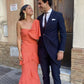 Elegantes, korallen-orangefarbenes, einschultriges, gerüschtes, langes Ballkleid, Abendkleid für Hochzeitsgäste mit gerüschtem Saum, NV2648