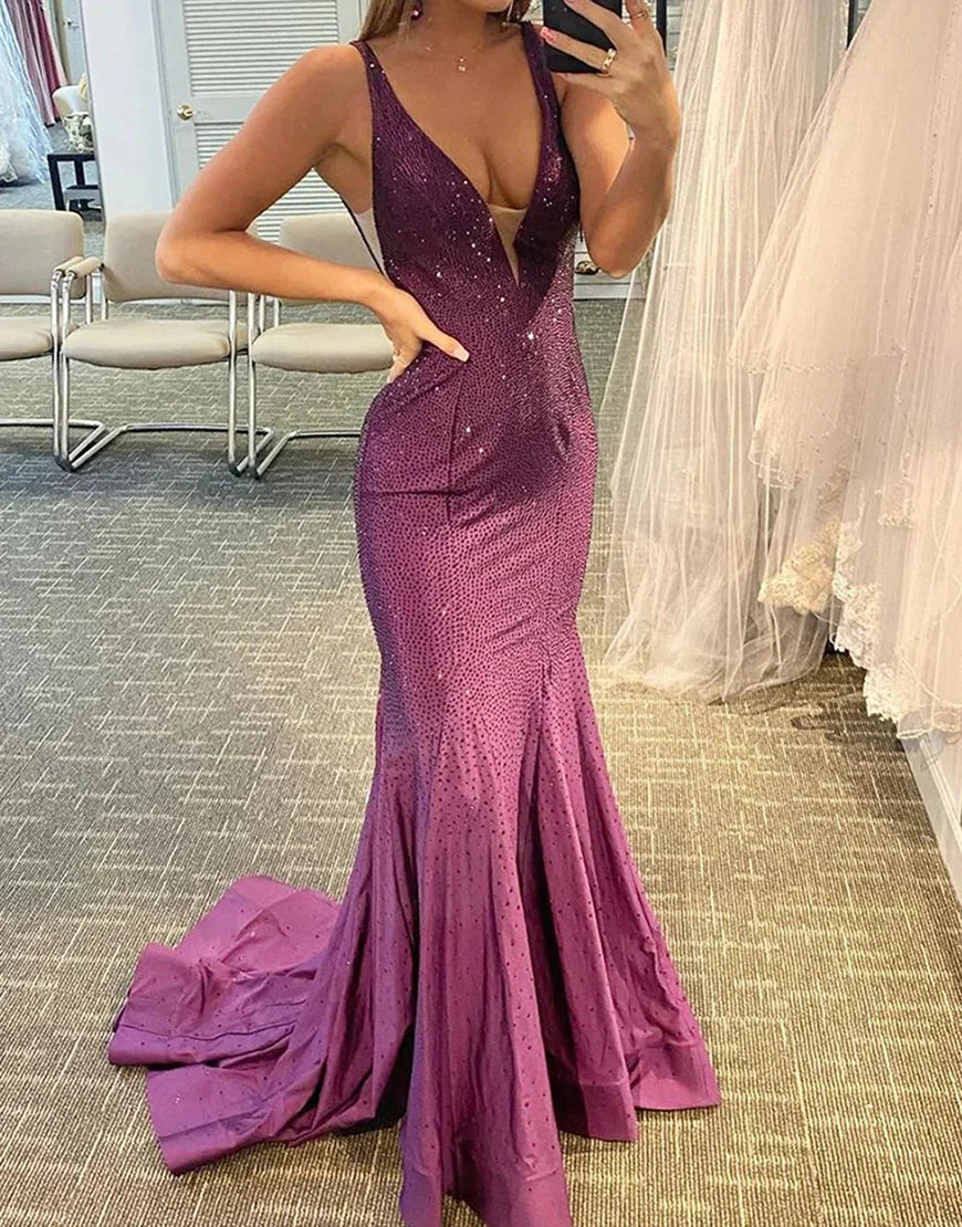 Blue/Purple/Orange/Pink Mermaid Deep V Neck Royal Blue Long Prom Dress with Beading nv951