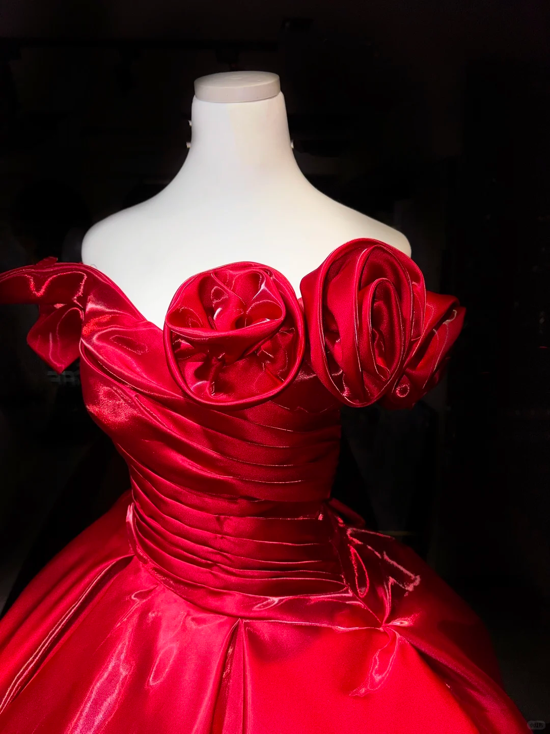 Off Shoulder Bright Red Satin Prom Dress 3D Rose Ruching Glossy Ball Gown  NV6983