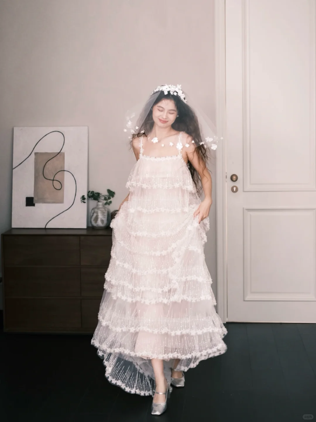 Spaghetti Strap Tiered Beaded Tulle Wedding Dress with Floral Trim  NV7380