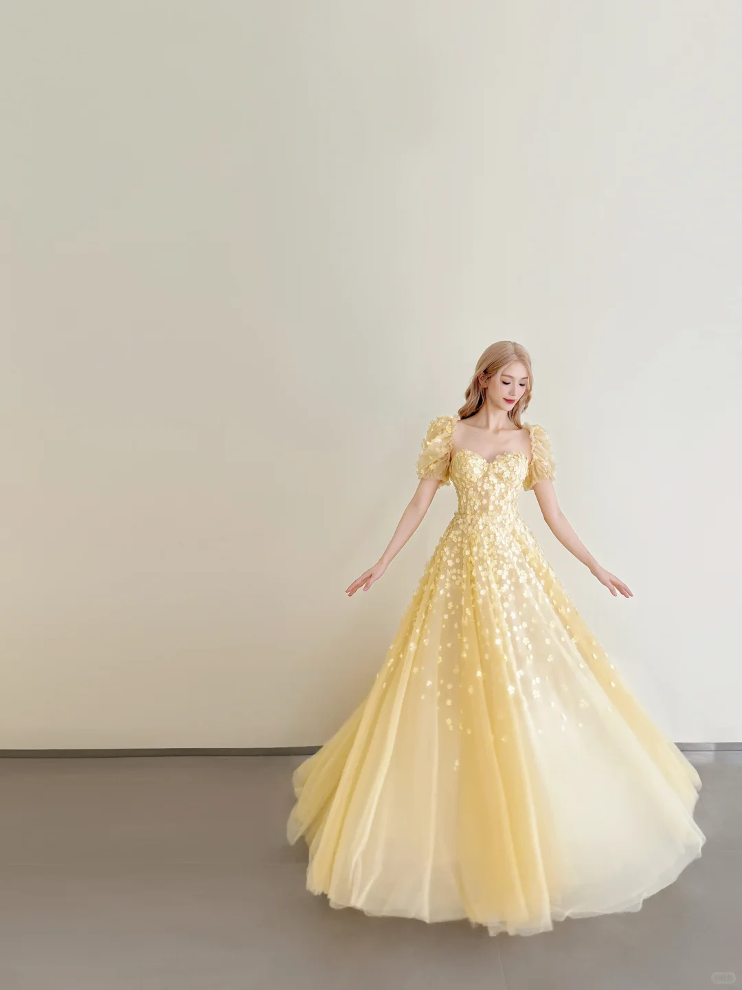 Pale Yellow Puff Sleeve 3D Floral Tulle A-Line Prom Gown  NV7183