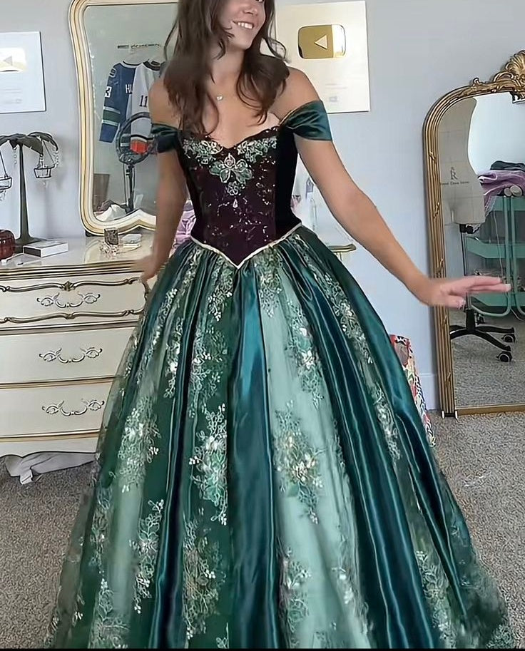 Robe de bal longue à épaules dénudées et manches courtes, ornée de dentelle et de velours vert émeraude et bordeaux, NiceVestidos NV6169