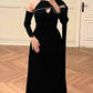 Black elegant long sleeve ribbon long satin prom dress evening dress nv3153