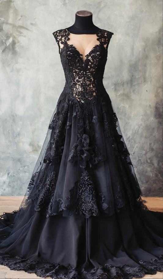 Robe de bal gothique luxueuse à décolleté plongeant en V | Robe longue en dentelle noire avec traîne et fleurs 3D pour soirée rétro ou dîner chic NV6282