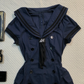 Navy Blue Sailor Short Homecoming Dress Collar Stripe Puff Sleeve Pleated Vintage Cocktail Gown  NV6926