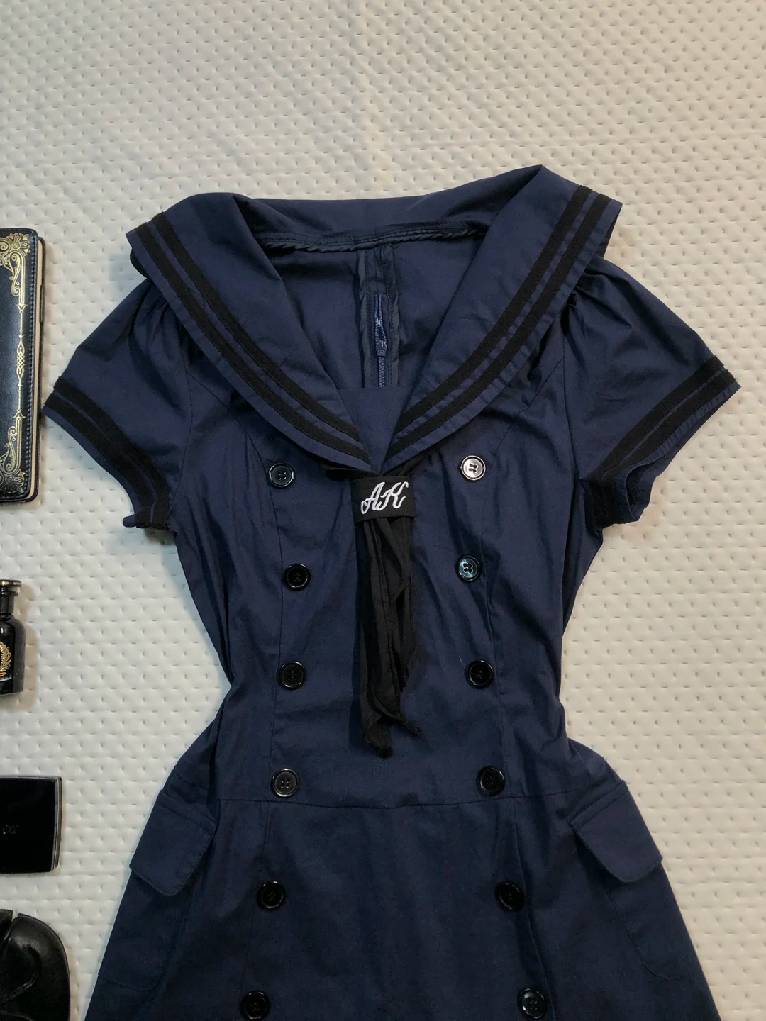 Navy Blue Sailor Short Homecoming Dress Collar Stripe Puff Sleeve Pleated Vintage Cocktail Gown  NV6926