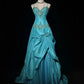 Blue Sweetheart Neck Applique A-Line Spaghetti Straps Satin Beaded Long Ball Gown Evening Dress nv3762