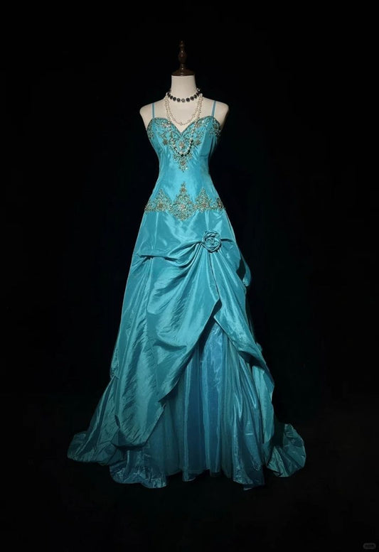 Blue Sweetheart Neck Applique A-Line Spaghetti Straps Satin Beaded Long Ball Gown Evening Dress nv3762