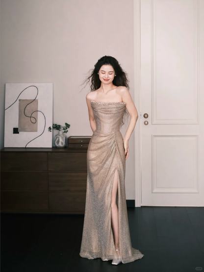 Strapless Champagne Rhinestone Mesh Prom Dress with High Side Slit  NV7378