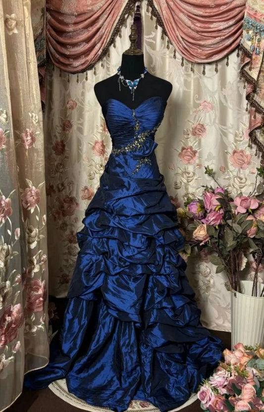 Robe de cour vintage longue sans manches, bustier, en satin bleu royal orné de perles, NiceVestidos NV6196