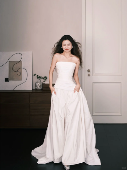 Strapless Ruched White Bridal Jumpsuit with Pockets & Train  NV7365