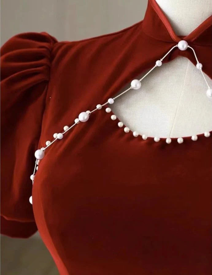 New red ladies long beaded high-end ball gown evening dress Chinese cheongsam nv1818