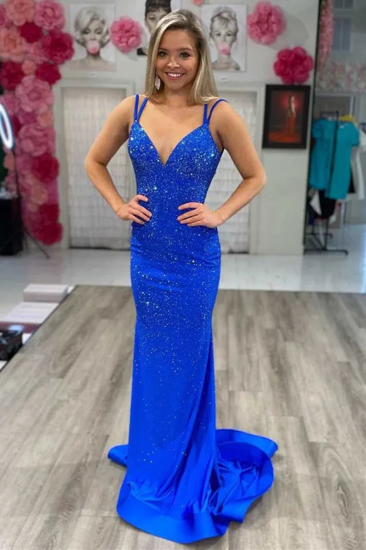 Silver Sparkling Fashion Spaghetti Strap Mermaid Slim Fit Long Ball Gown Backless Yellow Prom Dress Formal Evening Dress Party Dress nv3431