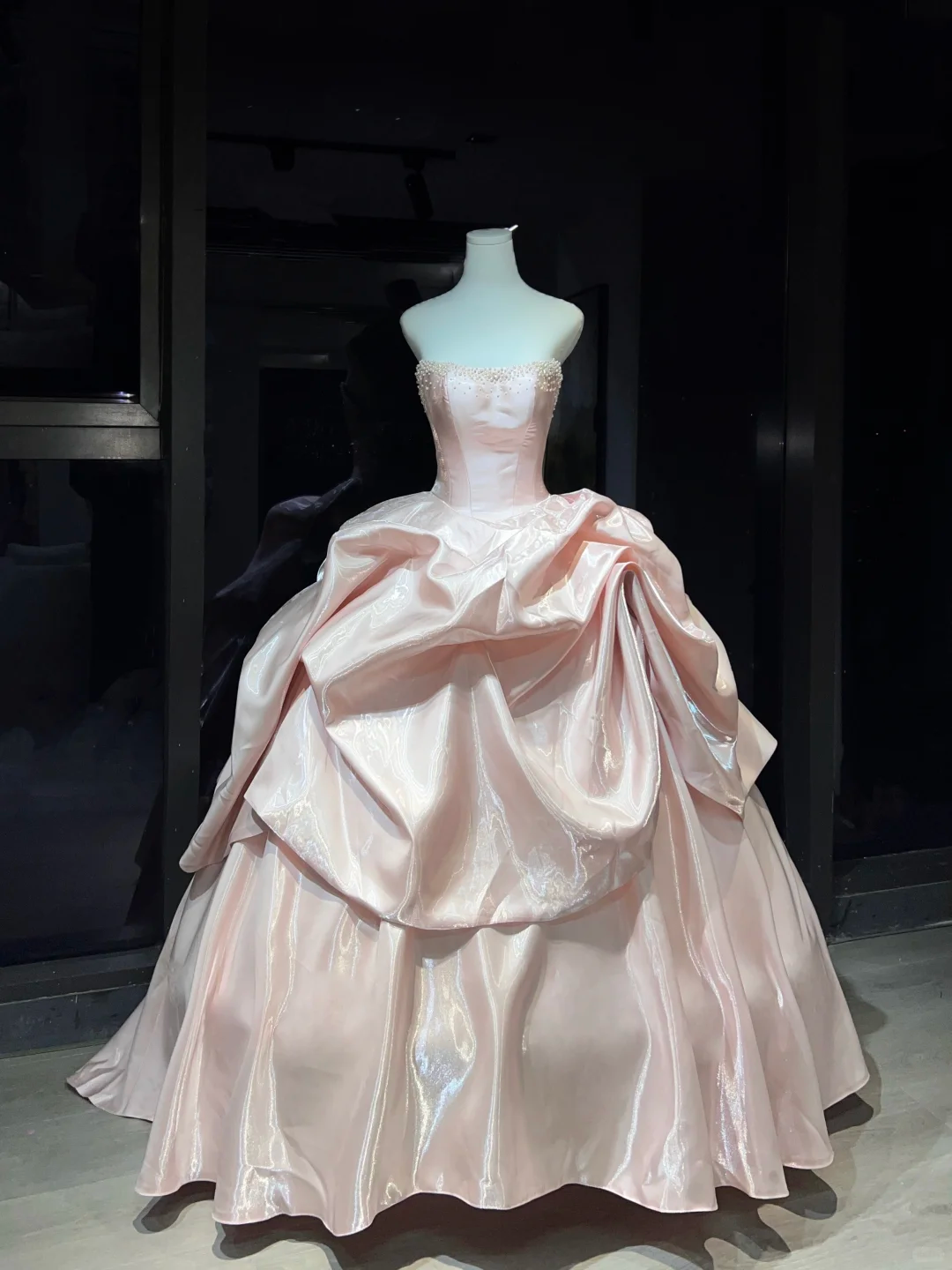 Strapless Light Pink Prom Dress Pearl Beaded Shiny Satin Draped Ball Gown  NV7057