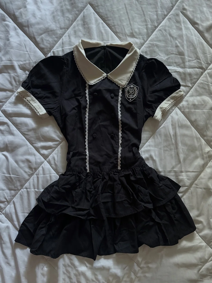 Black Striped Short Homecoming Dress White Peter Pan Collar Puff Sleeve Tiered Skirt Vintage Cocktail Gown  NV6928