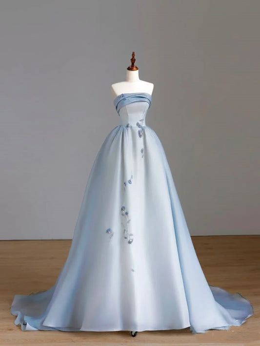Blue Elegant Stylish Exquisite Floral Beaded Long Floor Length Tulle Graduation Gown Prom Dress Evening Gown nv3939