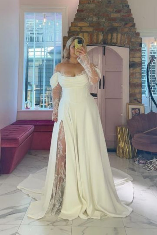 Cream Satin Off-the-Shoulder Lace Sleeve Slit Floor-Length Elegant Wedding Dress NV6232