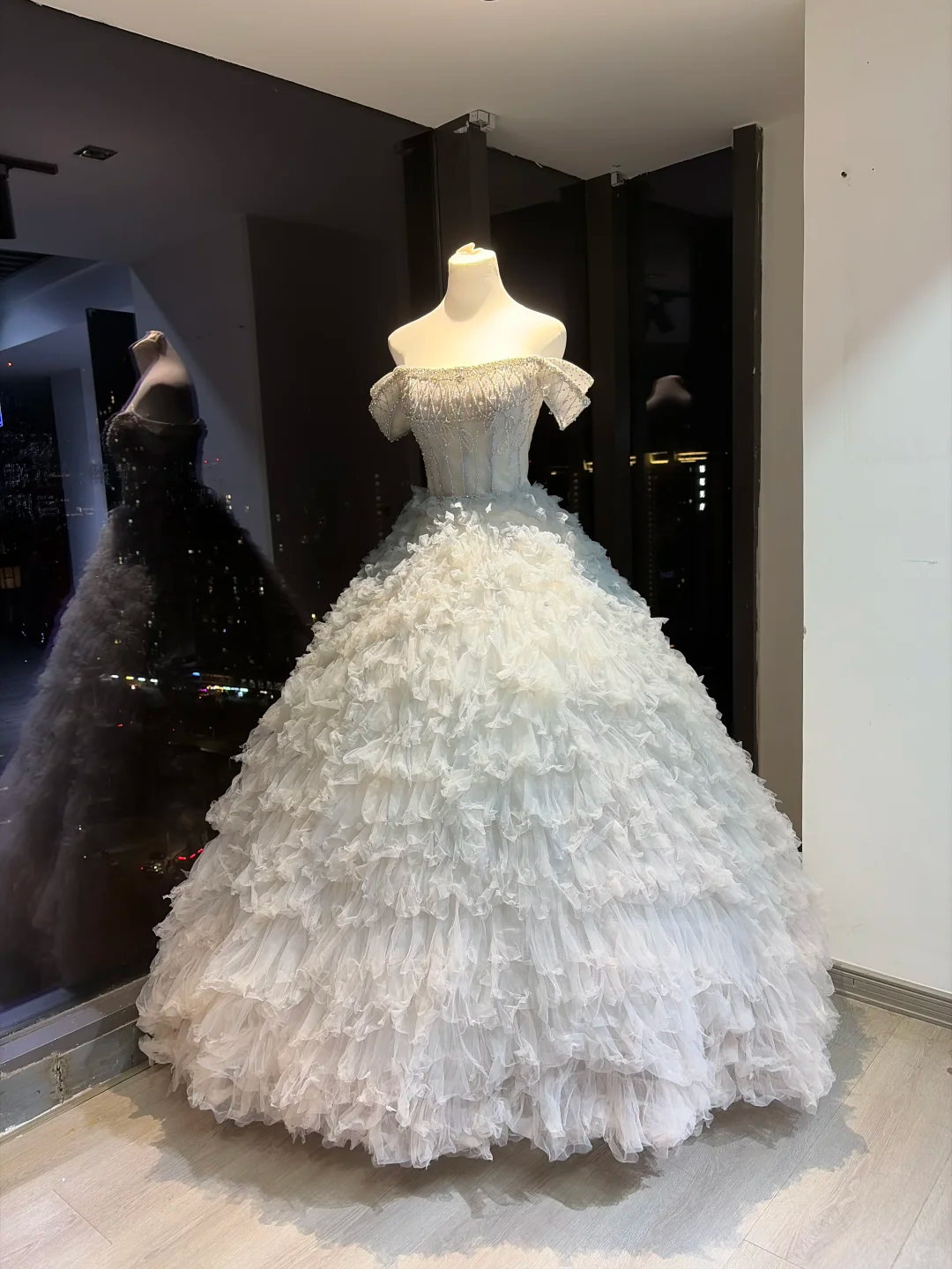 Light Ice Blue Off Shoulder Ball Gown Flutter Sleeve Beaded Corset Tiered Ruffle Tulle Fairy Prom Dress  NV6943