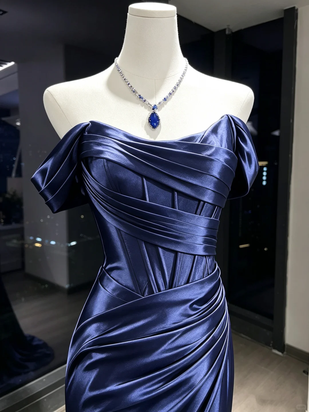 Navy Blue Off Shoulder Satin Mermaid Dress Ruched Corset High Slit Long Train Formal Prom Gown  NV6940