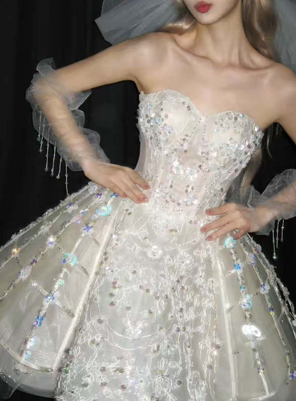 Strapless White Short Prom Dress, Beaded Tulle Princess Evening Gown  NV7111