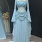 Robe de mariée féérique de style cour, bleu clair, ornée de perles, manches transparentes et traîne - Thème océan NV6382