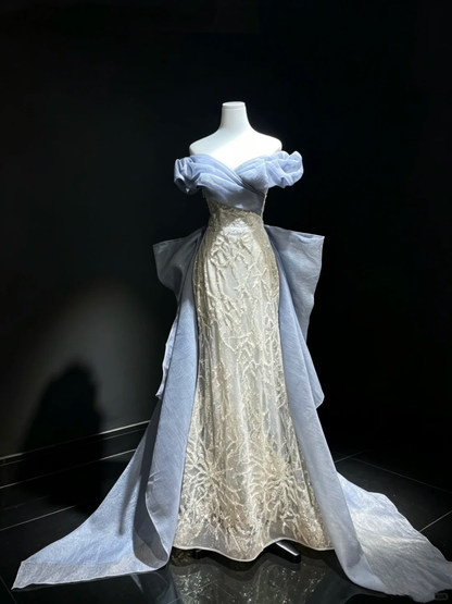 Dusty Blue Off Shoulder Mermaid Evening Gown Sequin Lace Embroidery Oversized Bow Long Train Formal Prom Dress  NV6996