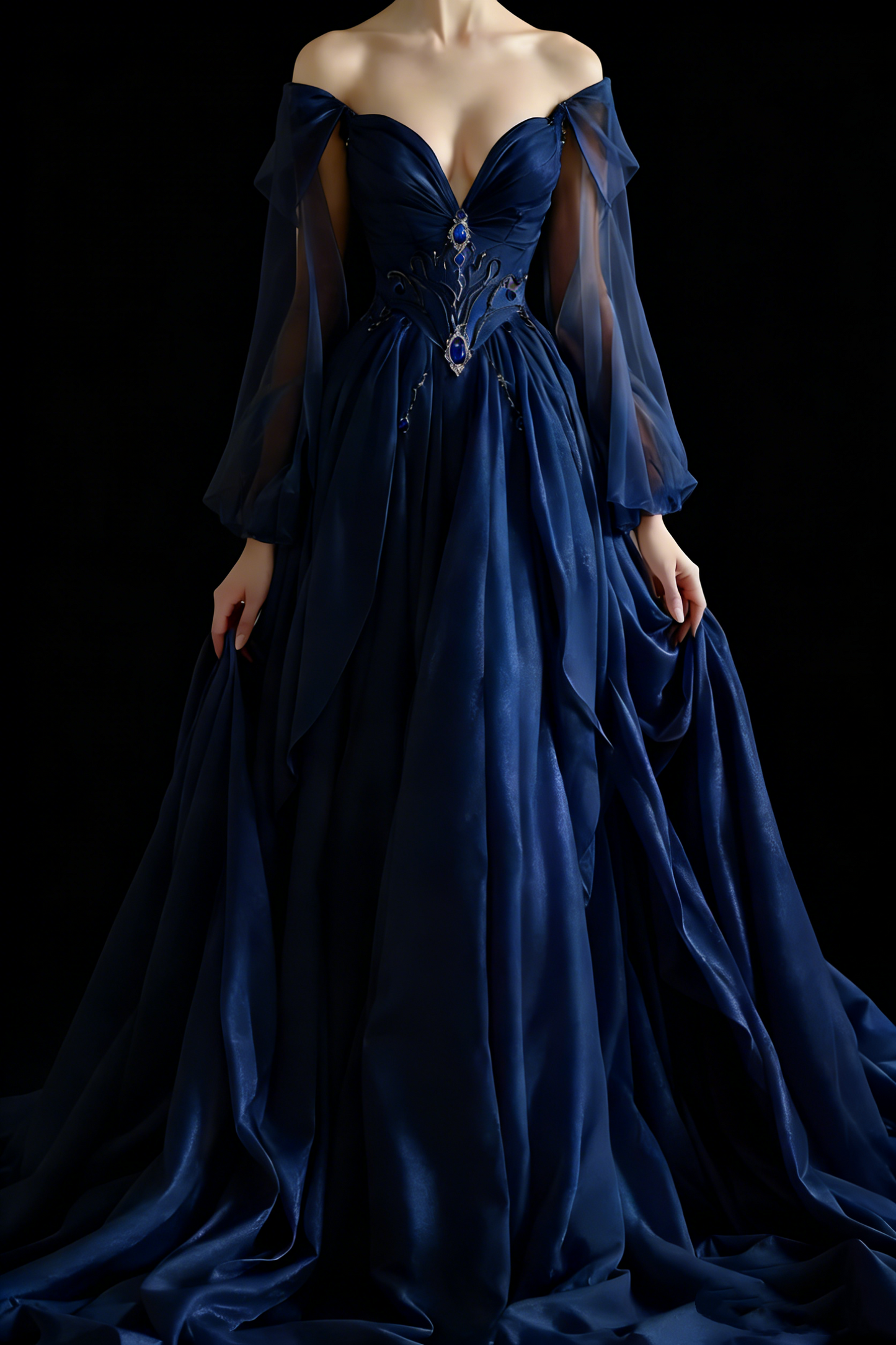 Robe longue de soirée bleu marine style palais, épaules dénudées : garniture de pierres précieuses, manches transparentes, NV6421