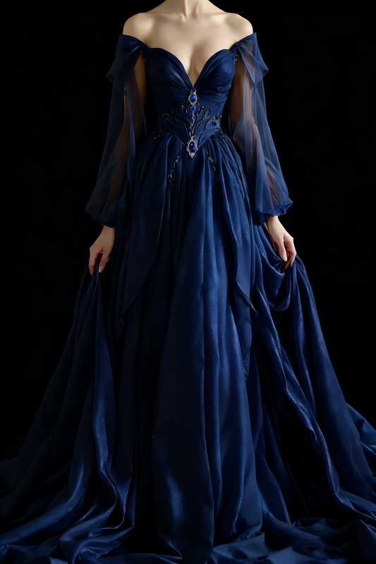 Robe longue de soirée bleu marine style palais, épaules dénudées : garniture de pierres précieuses, manches transparentes, NV6421