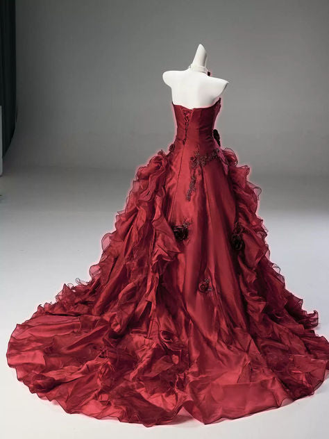 Robe de bal NiceVestidos - Bordeaux, tulle floral 3D, bustier, sans manches, traîne longue NV6181
