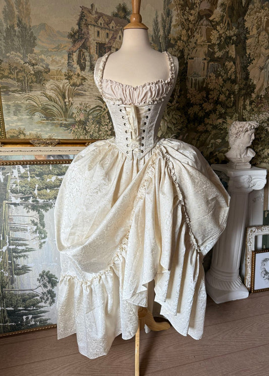 Robe vintage asymétrique à corset en brocart ivoire NV6240