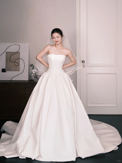 Strapless Draped Satin Wedding Gown, A Line Ballgown with Long Train  NV7356
