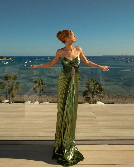 Green shiny fashion elegant butterfly tube top three-dimensional rose with chain decoration spaghetti straps long ball gown evening dress party dress nv2483