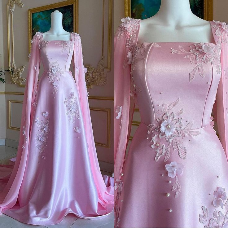 Pink Gorgeous Exquisite Floral Applique Beading Elegant Fashion Long Satin Floor Length Train Ball Gown Evening Dress Prom Dress nv3844