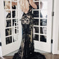 Robe de mariée sexy style gothique à fines bretelles en dentelle | Robe longue sirène en tulle noir et nude pour soirée de gala, tapis rouge ou événement rétro NV6264