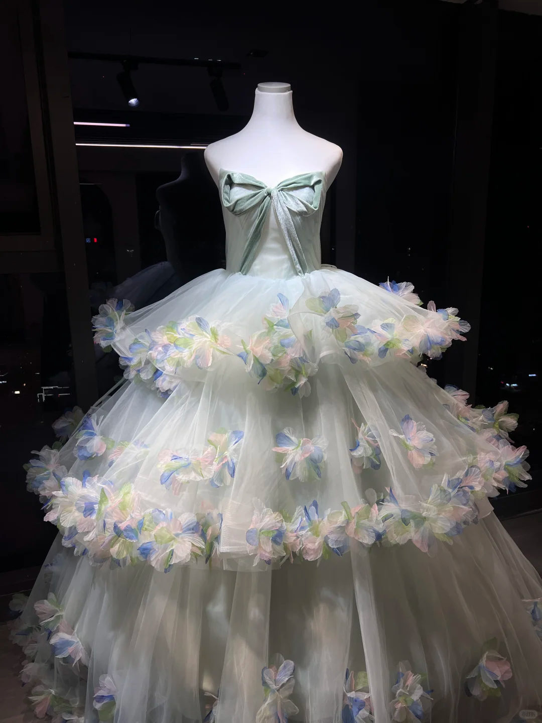 Mint Green Strapless Tulle Ball Gown, Corset Dress with Big Bow & 3D Butterfly Petal Appliques  NV7087