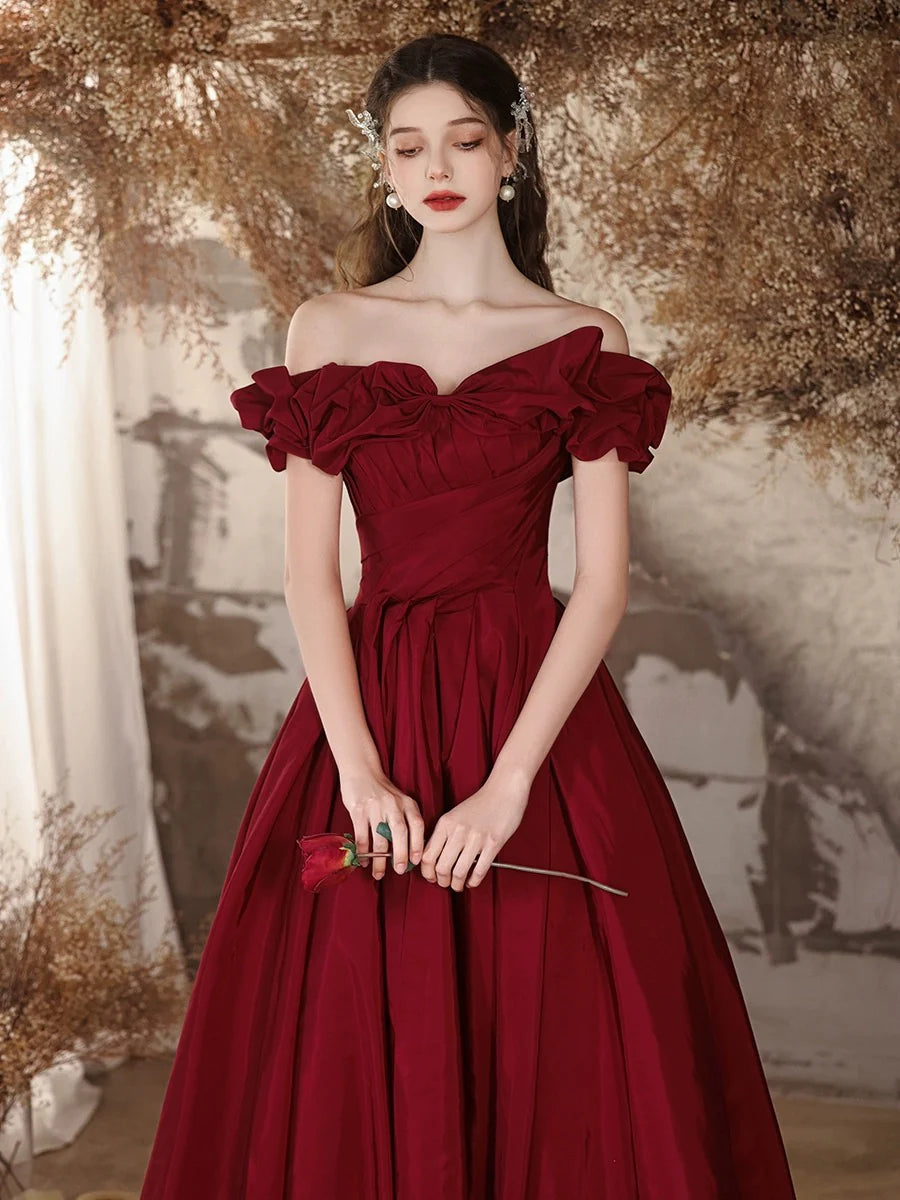A-Line Off Shoulder Satin Burgundy Long Prom Dress, Burgundy Long Formal Dress nv1605
