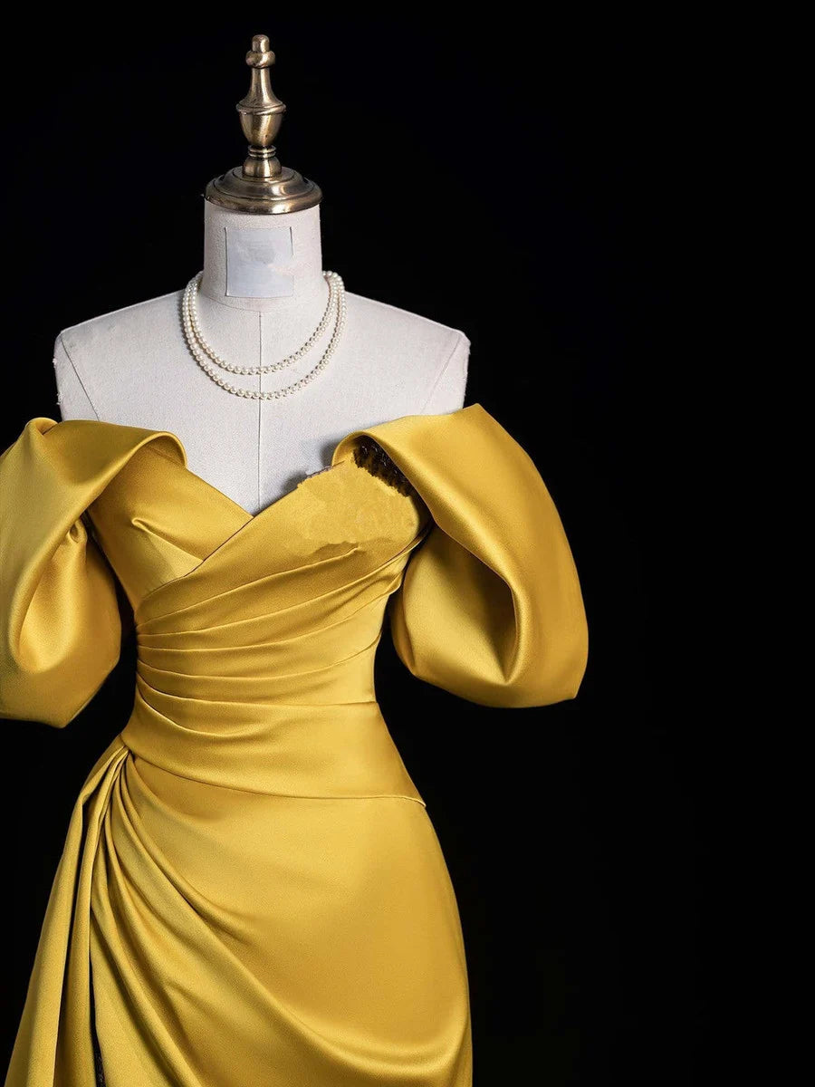 Gold Satin Off Shoulder A-Line Ball Gown Party Dress Evening Gown nv4277