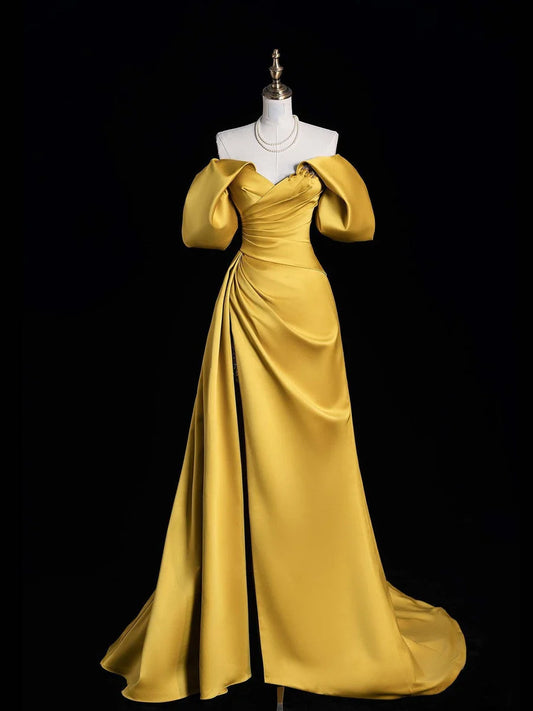 Gold Satin Off Shoulder A-Line Ball Gown Party Dress Evening Gown nv4277