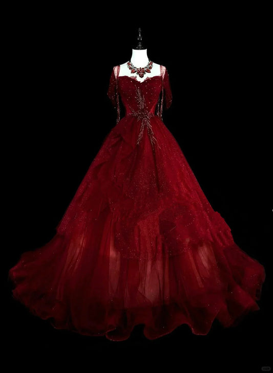 Burgundy sweetheart beaded tulle dress off the shoulder sweet 16 years old dress nv4283