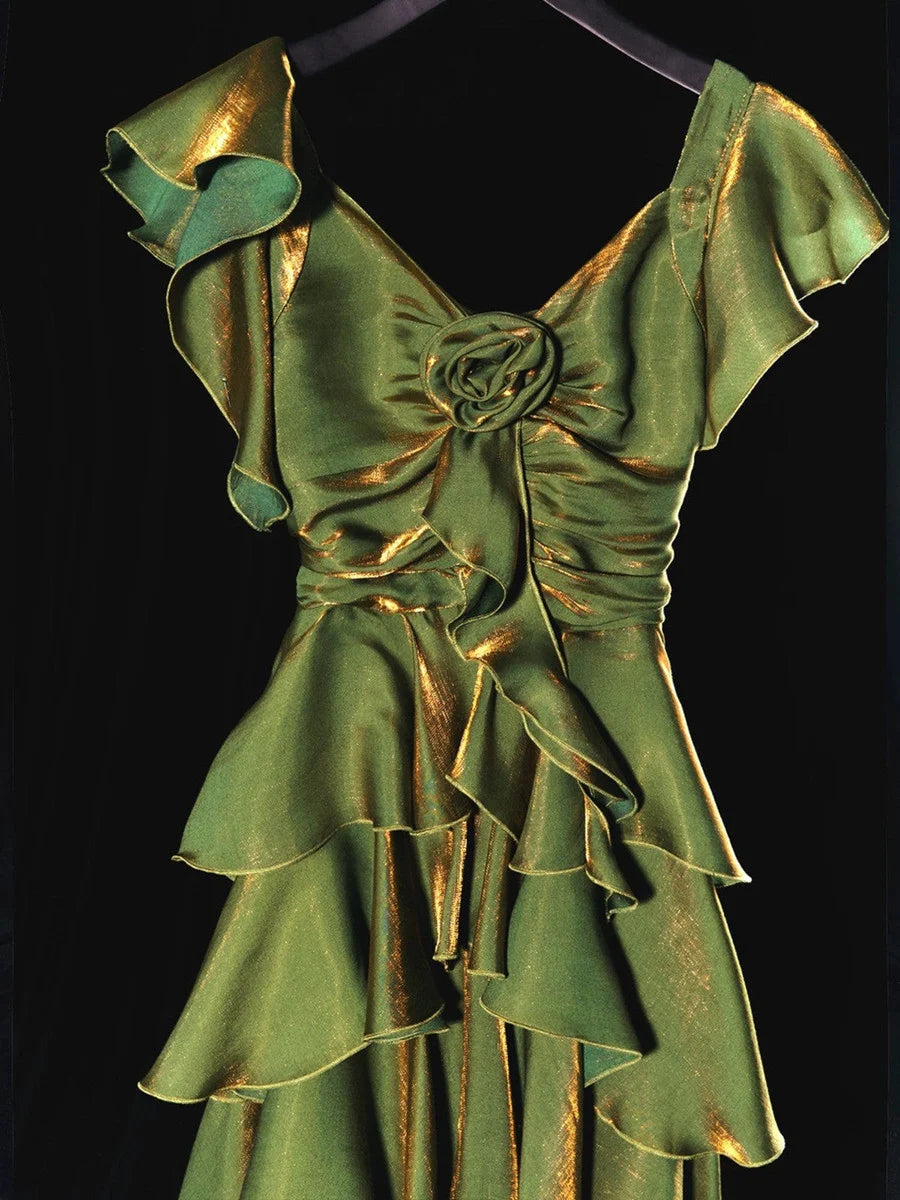 Green multi-layered satin long party dress prom gown evening gown nv4282