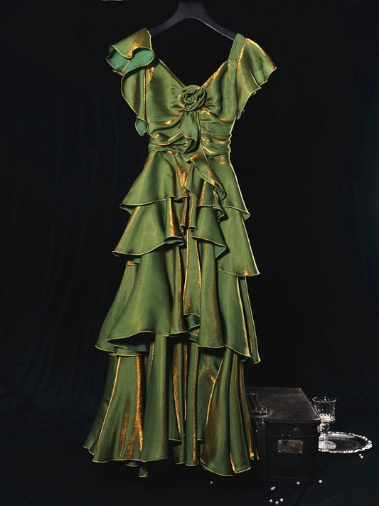 Green multi-layered satin long party dress prom gown evening gown nv4282