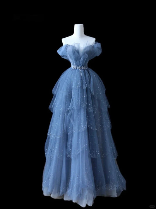 Gorgeous Blue Multi-layer Beaded Off-shoulder Ball Gown Tulle Long Evening Dress nv4278