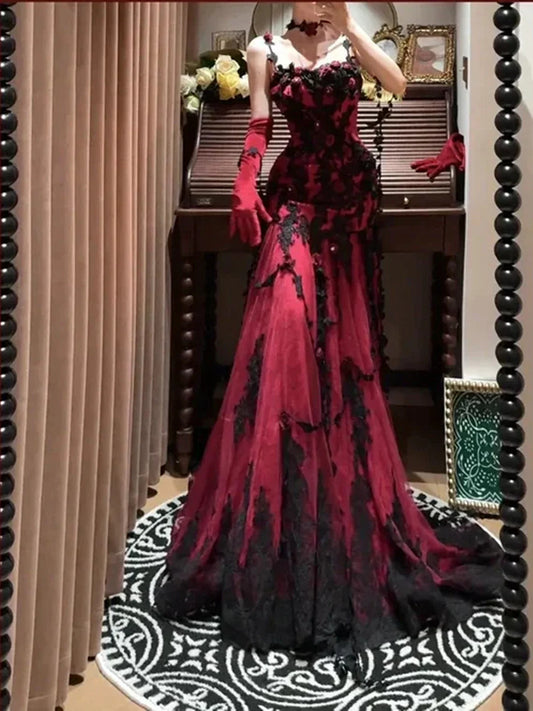 Robe gothique sans manches en dentelle rouge et noire à motif floral 3D, longueur au sol, modèle NV6189