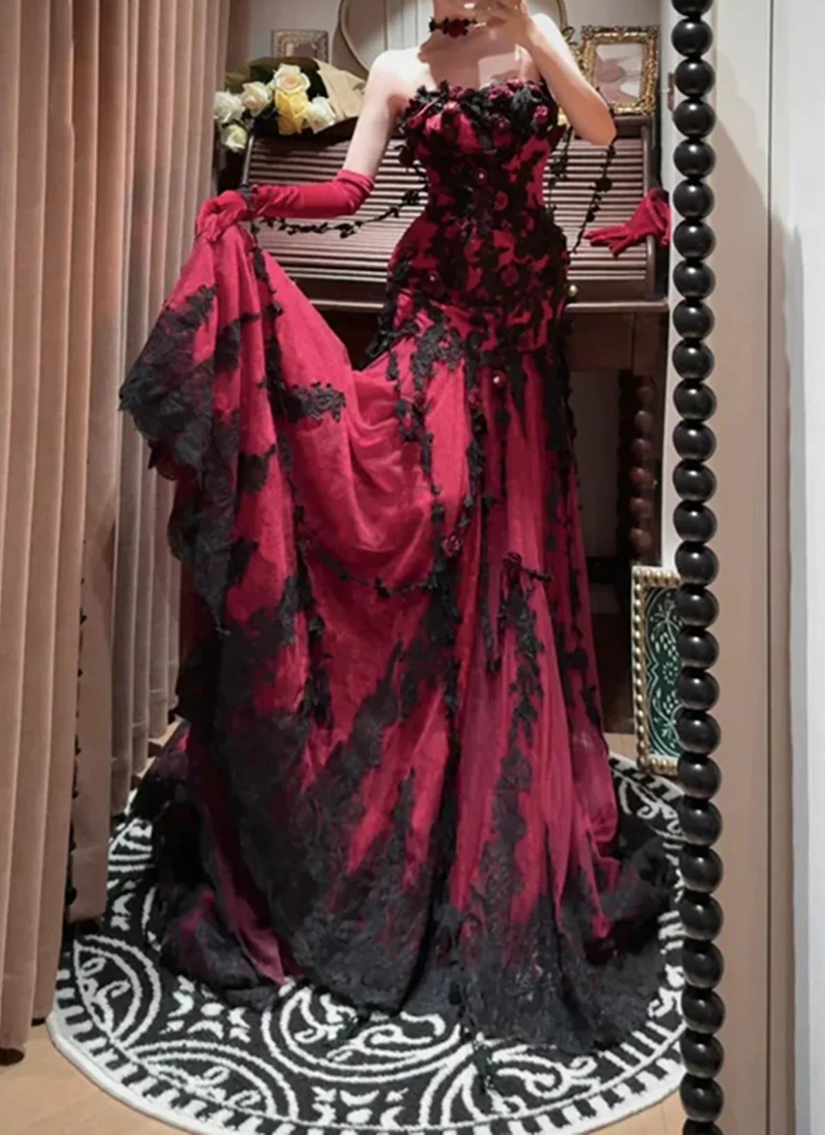 Robe gothique sans manches en dentelle rouge et noire à motif floral 3D, longueur au sol, modèle NV6189