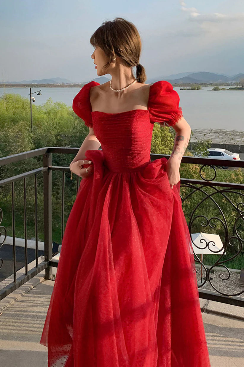 Red A-line Simple Elegant Tulle Long Ball Gown Evening Dress nv3005