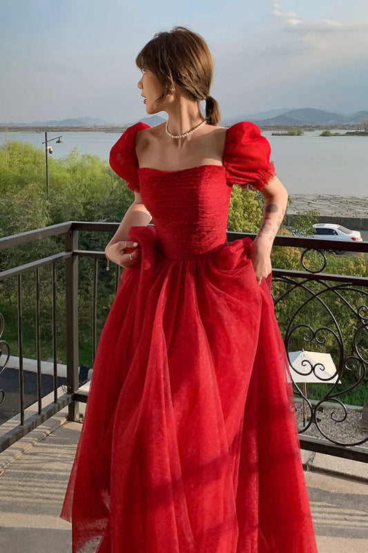 Red A-line Simple Elegant Tulle Long Ball Gown Evening Dress nv3005
