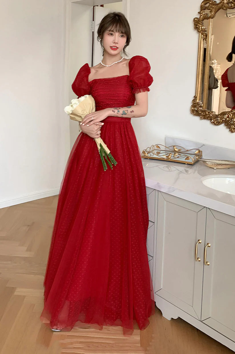 Red A-line Simple Elegant Tulle Long Ball Gown Evening Dress nv3005