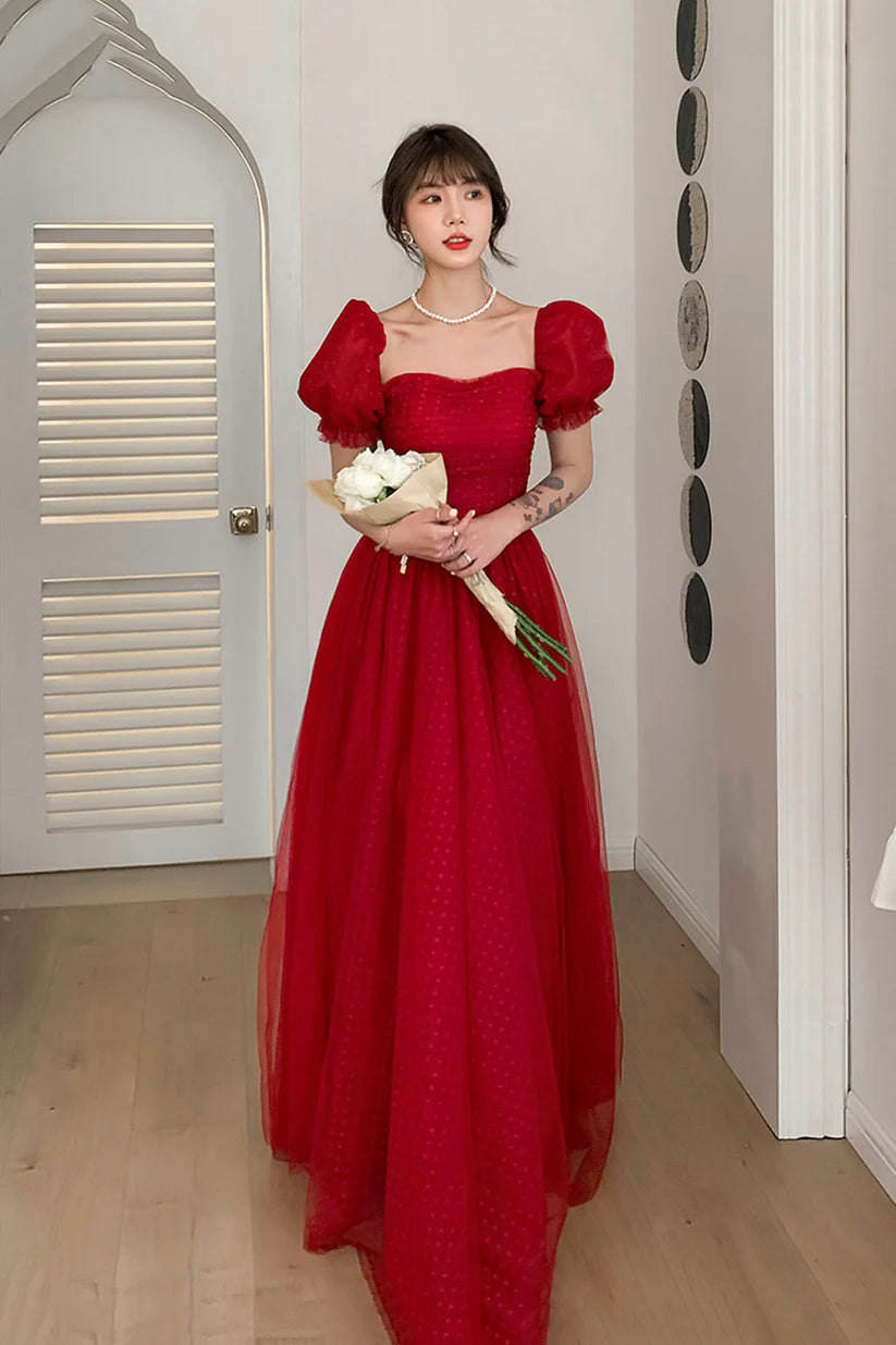 Red A-line Simple Elegant Tulle Long Ball Gown Evening Dress nv3005