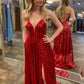 Red V-Neck Sequins Long Prom Dresses, A-Line Backless Evening Dresses nv1463